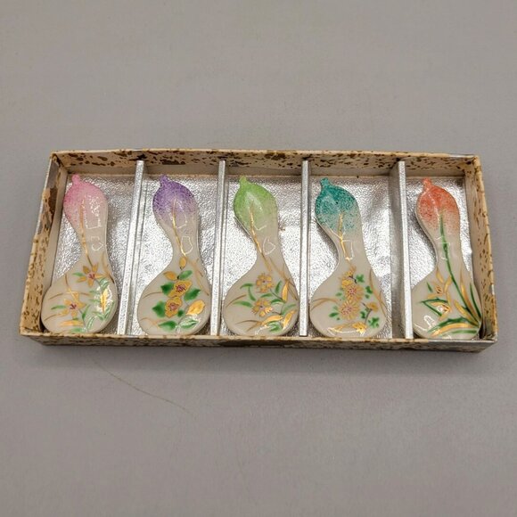 Hashi-Oki Chopstick Rests Porcelain Floral Patterns Vintage Set of 5 - Picture 2 of 5